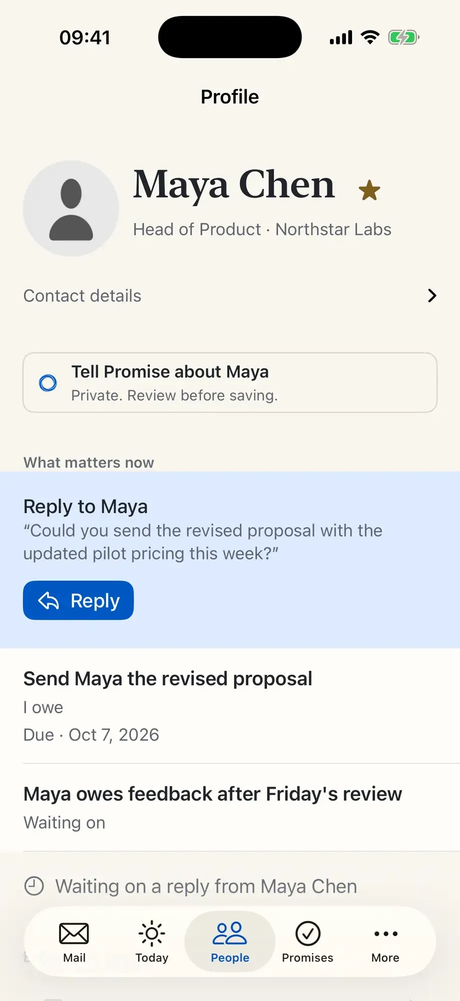 Maya's profile. The reply, what you owe, and what you are waiting on, with Northstar Labs as a detail.