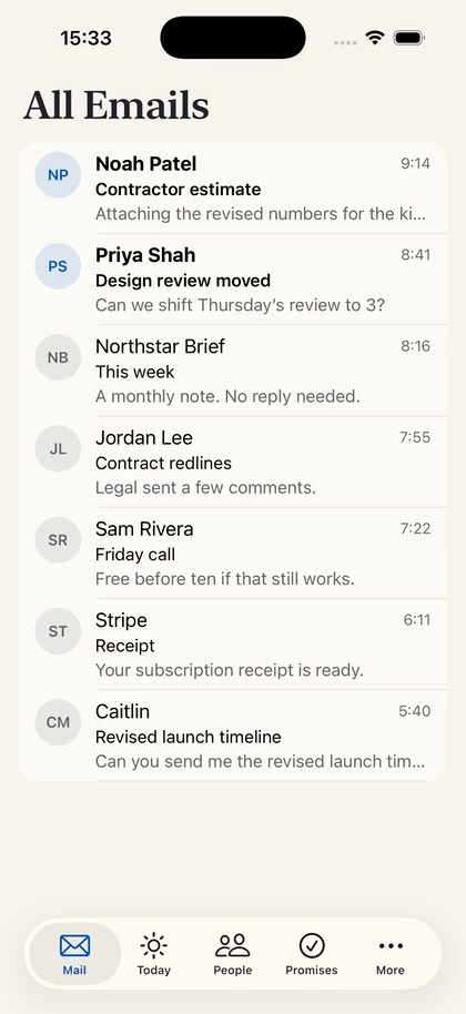 Promise turns a noisy inbox into Caitlin's commitment, drafts the reply, then saves a Friday reminder you tell it.