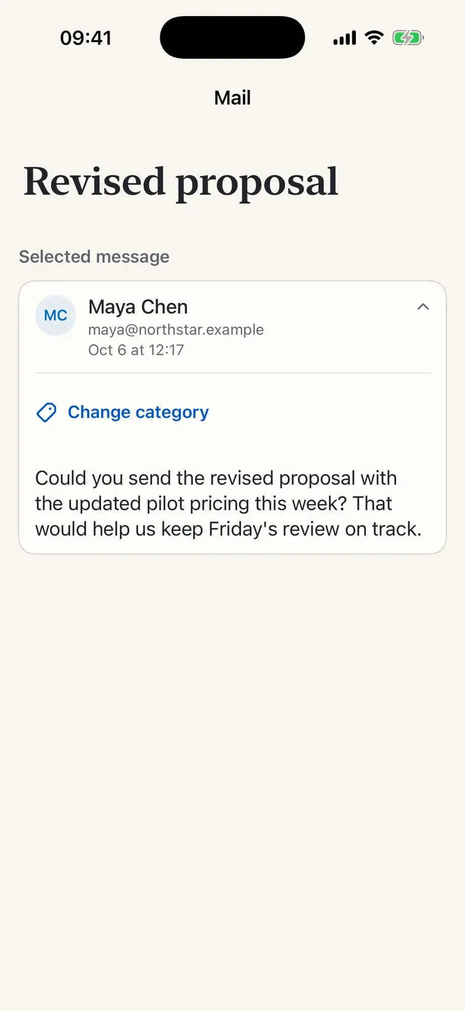 Maya's original message, still attached to the commitment Promise found.